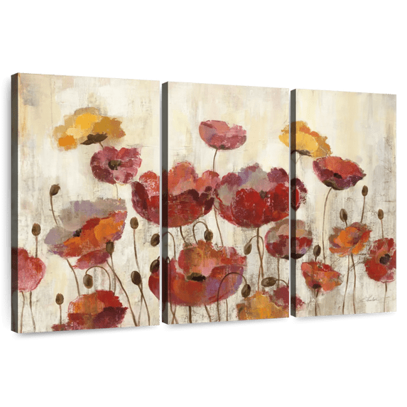 Elephant Stock Poppies In The Rain Wall Art - Horizontal Multi Panel Canvas - Living Room Wall Decor - Floral And Botanical Multi Panel - Gray And Red Decor By Silvia Vassileva - 50" x 32"