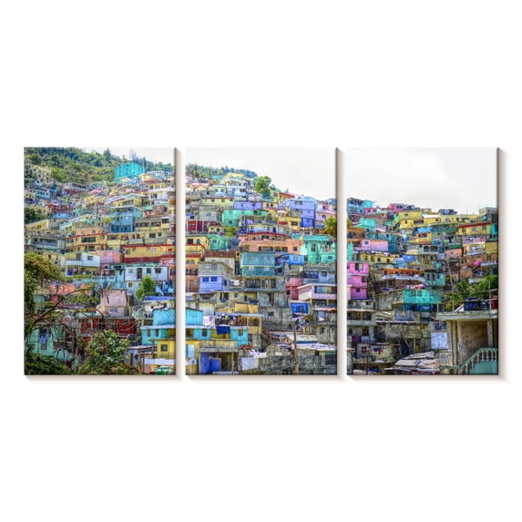 Elephant Stock Port-au-prince Residences Wall Art - Horizontal Multi Panel Canvas - Living Room Wall Decor - Places Multi Panel - Green And Yellow Decor - 74" x 36"