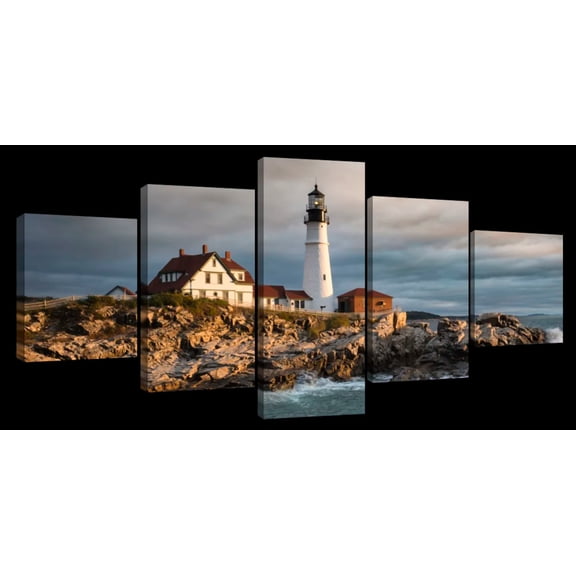 Elephant Stock Portland Head Lighthouse In Maine At Sunrise Wall Art - Horizontal Multi Panel - Living Room Wall Decor - Nautical Multi Panel - Blue And Beige Decor By Scott Stulberg - 55" X 24"