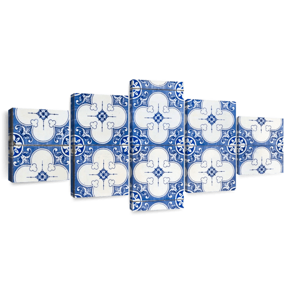 Elephant Stock Portuguese Tiles Wall Art - Horizontal Multi Panel Canvas - 5 Pieceliving Room Wall Decor - Photography Architecture Multi Panel - Blue And White Decor - 92" x 42"