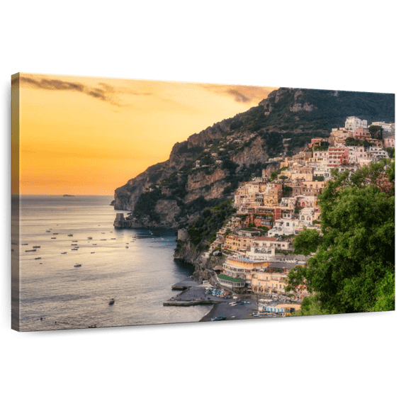 Elephant Stock Positano Seaside Town Wall Art - Horizontal Canvas Wall Art - Living Room Wall Decor - Beach Canvas - Green And Orange Decor - 48" x 32"
