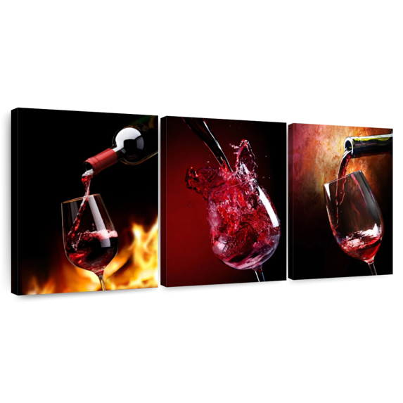 Elephant Stock Pouring Glasses Of Red Wine Wall Art - Horizontal Multi Panel Canvas - Dining Room Wall Decor - Food And Drink Multi Panel - Red And Orange Decor - 26" x 12"