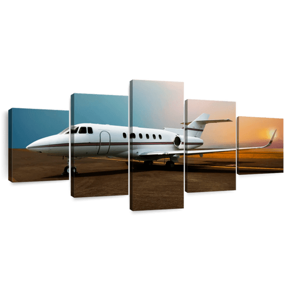 Elephant Stock Private Airplane Parking Wall Art - Horizontal Multi Panel Canvas - Living Room Wall Decor - Transportation Multi Panel - Teal And Beige Decor - 92" x 42"