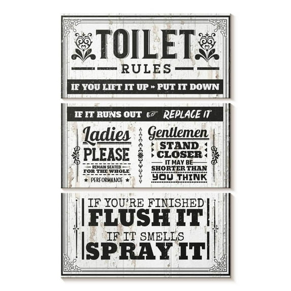Elephant Stock Proper Bathroom Rules Wall Art - Vertical Multi Panel Canvas - Bathroom Wall Decor - Inspirational And Typography Multi Panel - Gray And White Decor - 14" x 23"