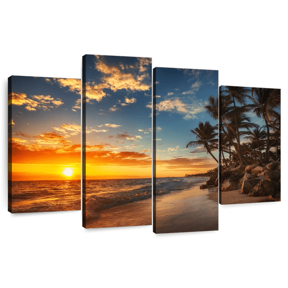 Elephant Stock Punta Cana Beach Sunrise Wall Art - Horizontal Multi Panel Canvas - Living Room Wall Decor - Beach Multi Panel - Orange And Blue Decor - 68" x 42"