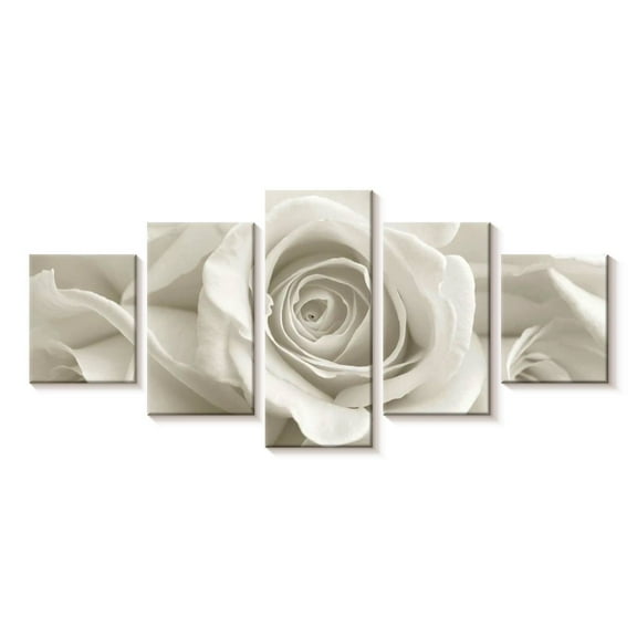 Elephant Stock Pure White Roses Wall Art - Horizontal Multi Panel Canvas - Living Room Wall Decor - Floral And Botanical Multi Panel - Gray And Decor - 29" x 12"
