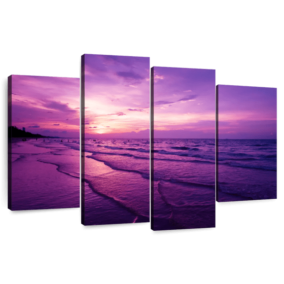 Elephant Stock Purple Beach Wall Art - Horizontal Multi Panel Canvas - Living Room Wall Decor - Beach Multi Panel - Purple And Pink Decor - 36" x 22"