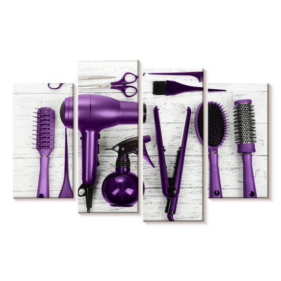 Elephant Stock Purple Hair Salon Tools Wall Art - Horizontal Multi Panel Canvas - Living Room Wall Decor - Fashion And Beauty Multi Panel - Gray And Purple Decor - 30" x 18"