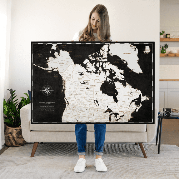 Elephant Stock Push Pin Canada Map On Black Wall Art - Map Canvas Art - 45" x 30"