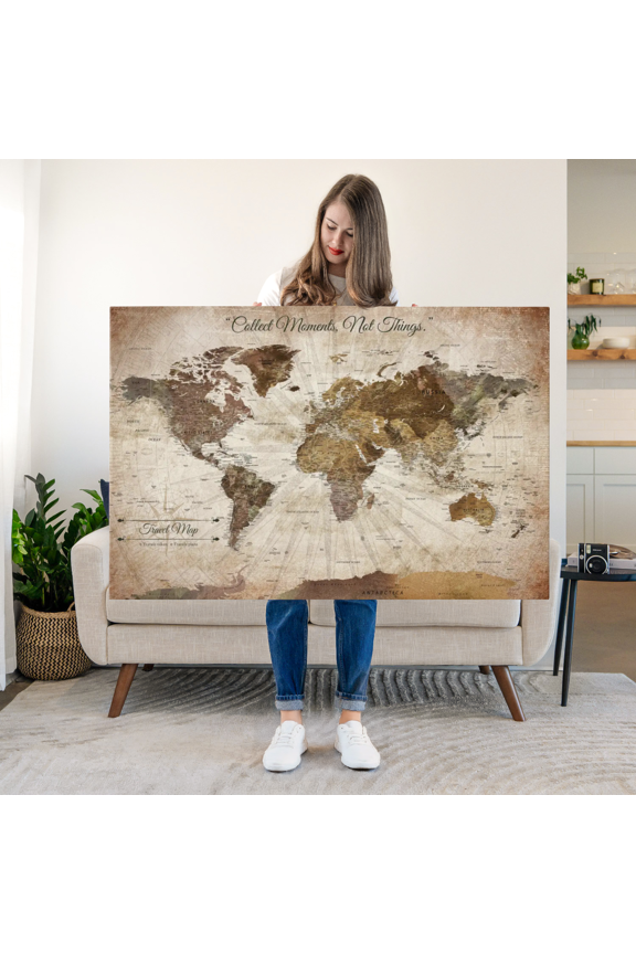 Push Pin Travel Map World Ii Wall Art - Map Canvas Art - 12" x 8"