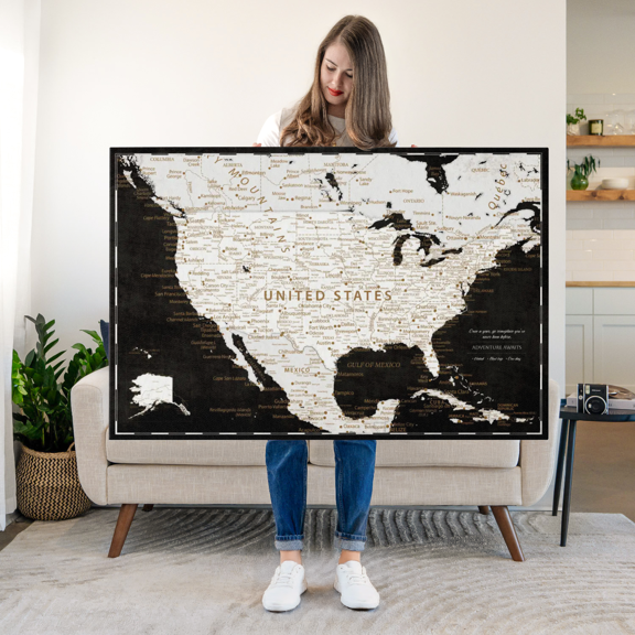 Elephant Stock Push Pin Usa Map On Black Wall Art - Map Canvas Art - 12" x 8"