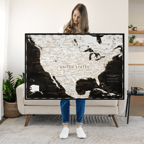 Elephant Stock Push Pin Usa Map On Black Wall Art - Map Canvas Art - 24" x 16"