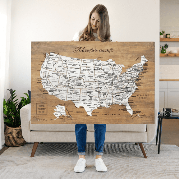 Elephant Stock Push Pin Usa Map On Wood Ii Wall Art - Map Canvas Art - 48" x 32"