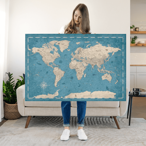 Elephant Stock Push Pin World Map - Blue Wall Art - Map Canvas Art - 48" x 32"