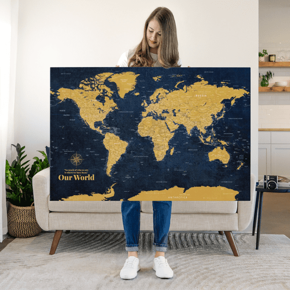 Elephant Stock Push Pin World Map - Gold Wall Art - Map Canvas Art - 48" x 32"