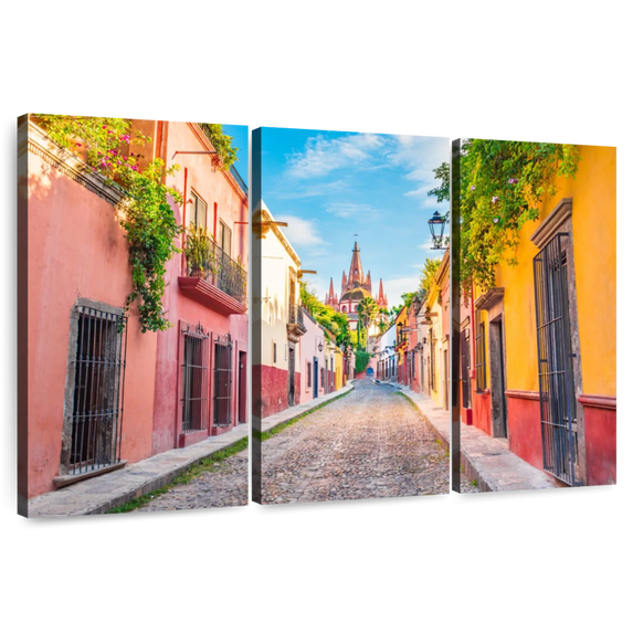 Elephant Stock Quaint San Miguel Street Wall Art - Horizontal Multi Panel Canvas - Living Room Wall Decor - Places Multi Panel - Orange And Pink Decor - 45" x 28"