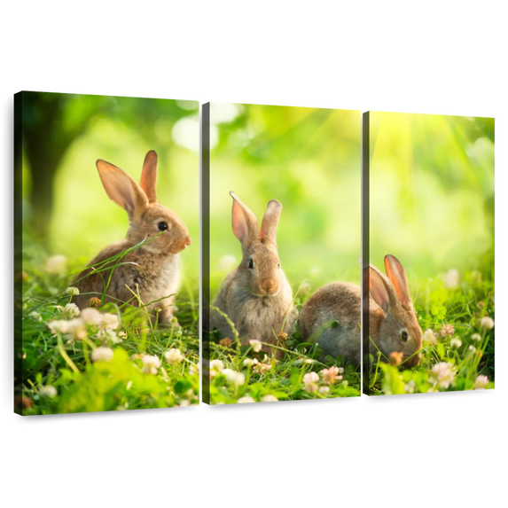 Elephant Stock Rabbits By The Meadow Wall Art - Horizontal Multi Panel Canvas - Living Room Wall Decor - Animal Multi Panel - Green And Yellow Decor - 45" x 28"