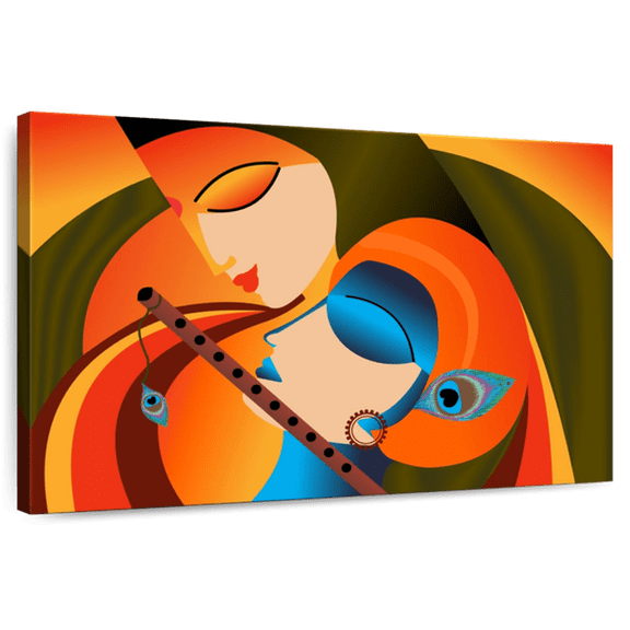 Elephant Stock Radha Krishna Madhubani Wall Art - Horizontal Canvas Wall Art - Living Room Wall Decor - Religion And Spirituality Canvas - Orange And Turquoise Decor - 12" x 8"