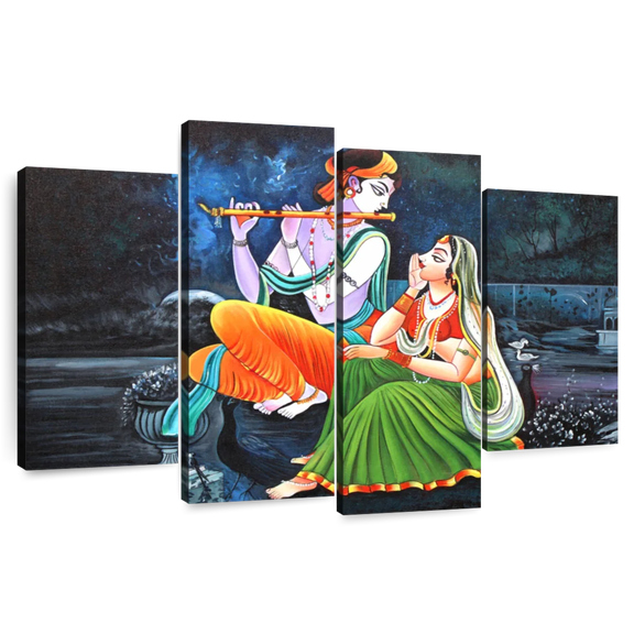 Elephant Stock Radha Krishna Wall Art - Horizontal Multi Panel Canvas - Living Room Wall Decor - Religion And Spirituality Multi Panel - Beige And Green Decor - 84" x 54"