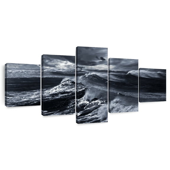 Elephant Stock Raging Ocean Storm Wall Art - Horizontal Multi Panel Canvas - Living Room Wall Decor - Beach Multi Panel - Gray And Black Decor - 74" x 34"