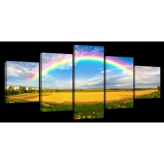 Elephant Stock Rainbow Bridge Wall Art - Horizontal Multi Panel Canvas - 5 Pieceliving Room Wall Decor - Photography Nature Multi Panel - Green And Orange Decor - 74" x 34"