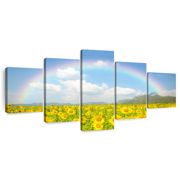 Elephant Stock Rainbow Wall Art - Horizontal Multi Panel Canvas - 5 Pieceliving Room Wall Decor - Photography Nature Multi Panel - Yellow And Blue Decor - 55" x 24"