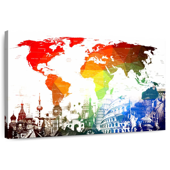 Elephant Stock Rainbow World Map Wall Art - Horizontal Canvas Wall Art - Living Room Wall Decor - Map Canvas - Red And Blue Decor - 51" x 34"