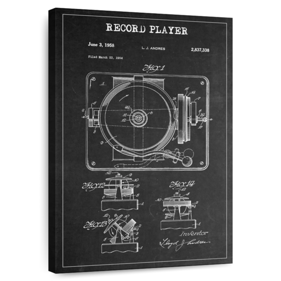Elephant Stock Record Player Patent Bw Wall Art - Vertical Canvas Wall Art - Living Room Wall Decor - Music Canvas - White And Black Decor - 26" x 39"