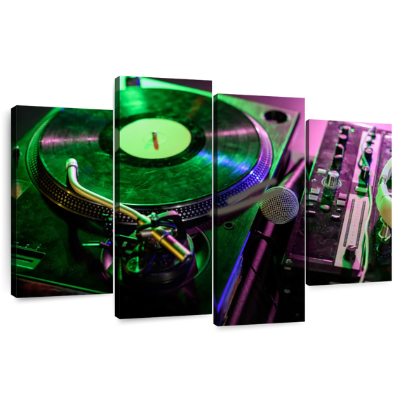 Elephant Stock Record Player Wall Art - Horizontal Multi Panel Canvas - Living Room Wall Decor - Music Multi Panel - Green And Pink Decor - 84" x 54"