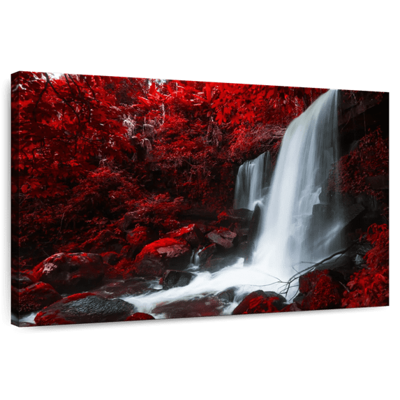 Elephant Stock Red Autumn Waterfall Wall Art - Horizontal Canvas Wall Art - Living Room Wall Decor - Nature Canvas - Red And White Decor - 12" x 8"