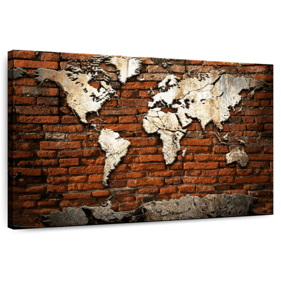 Elephant Stock Red Brick World Map Wall Art - Horizontal Canvas Wall Art - Living Room Wall Decor - Map Canvas - White And Yellow Decor - 36" x 24"
