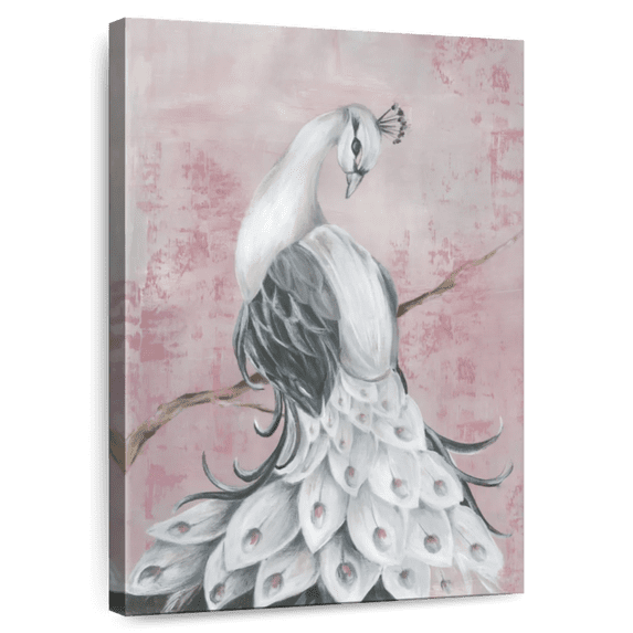 Elephant Stock Regal Peacock Ii Wall Art - Vertical Canvas Wall Art - Lobby Wall Decor - Animal Canvas - Pink And White Decor By Eva Watts - 8" x 12"