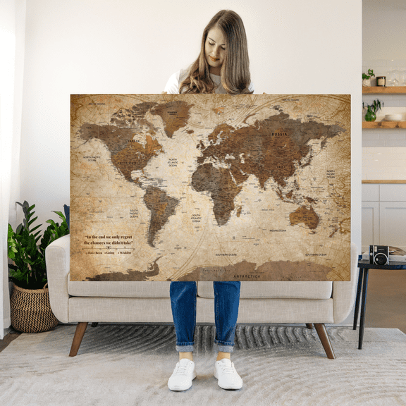 Elephant Stock Regret The Chances Push Pin World Map Iii Wall Art - Map Canvas Art - 12" x 8"