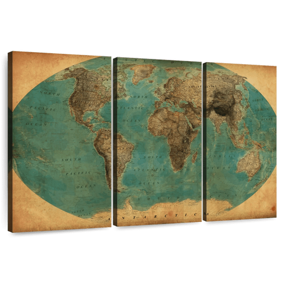 Elephant Stock Retro World Map Wall Art - Horizontal Multi Panel Canvas - Living Room Wall Decor - Map Multi Panel - Teal And Black Decor - 45" x 28"
