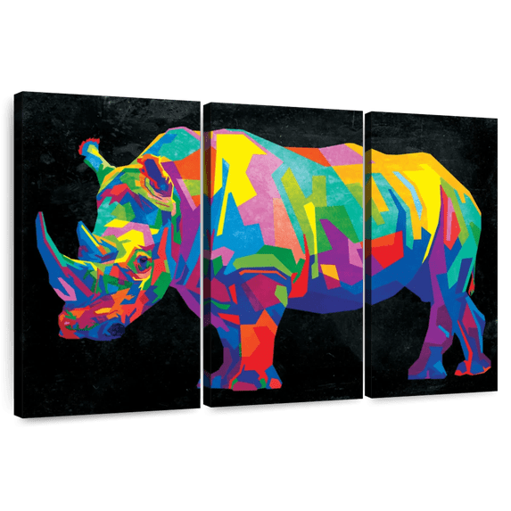 Elephant Stock Rhinoceros Geometric Color Wall Art - Horizontal Multi Panel Canvas - Living Room Wall Decor - Animal Multi Panel - Brown And Gold Decor - 65" x 42"