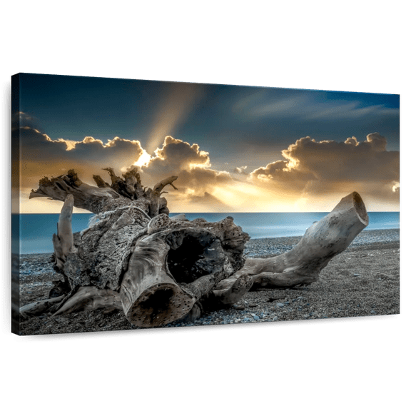 Elephant Stock Rhodes Island Driftwood Wall Art - Horizontal Canvas Wall Art - Living Room Wall Decor - Beach Canvas - Gray And Blue Decor - 36" x 24"