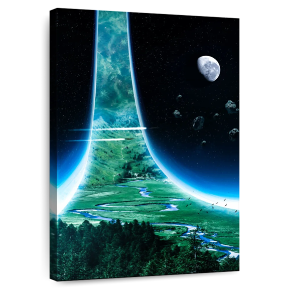 Elephant Stock Ring World Wall Art - Vertical Canvas Wall Art - Living Room Wall Decor - Fantasy And Sci-fi Canvas - Black And Green Decor By Alex Griffith - 8" x 12"