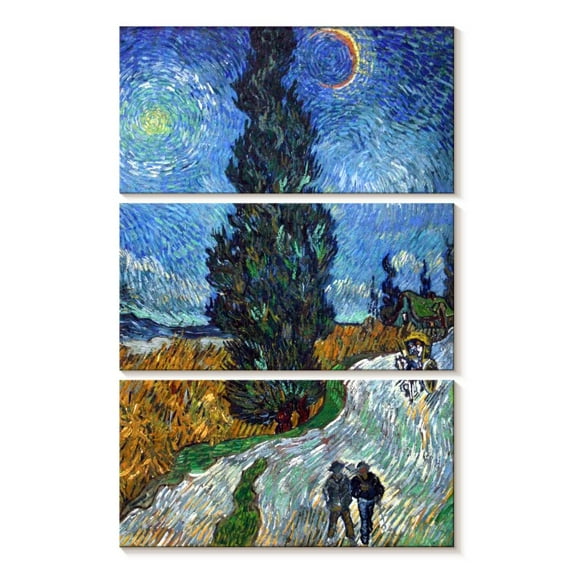 Elephant Stock Road With Cypress And Star Wall Art - Vertical Multi Panel Canvas - Living Room Wall Decor - Transportation Multi Panel - Gray And Blue Decor By Vincent Van Gogh - 14" x 23"