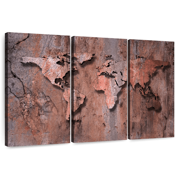 Elephant Stock Rock World Map Wall Art - Horizontal Multi Panel Canvas - Living Room Wall Decor - Map Multi Panel - Beige And Orange Decor - 74" x 48"