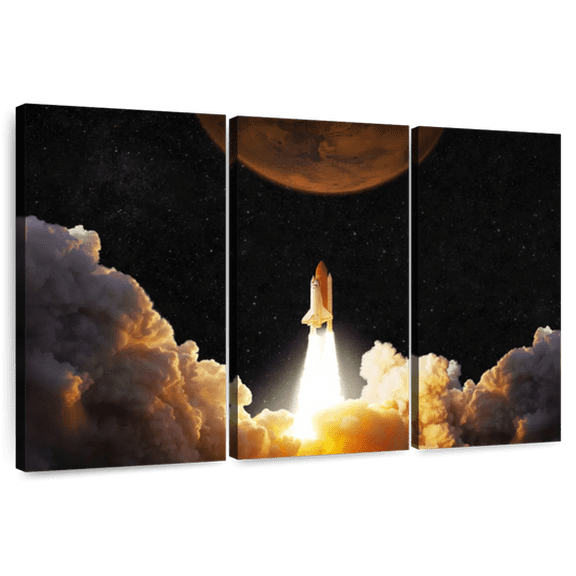 Elephant Stock Rocket Launch Wall Art - Horizontal Multi Panel Canvas - 3 Pieceliving Room Wall Decor - Photography Astronomy & Space Multi Panel - Black And Gray Decor - 74" x 48"