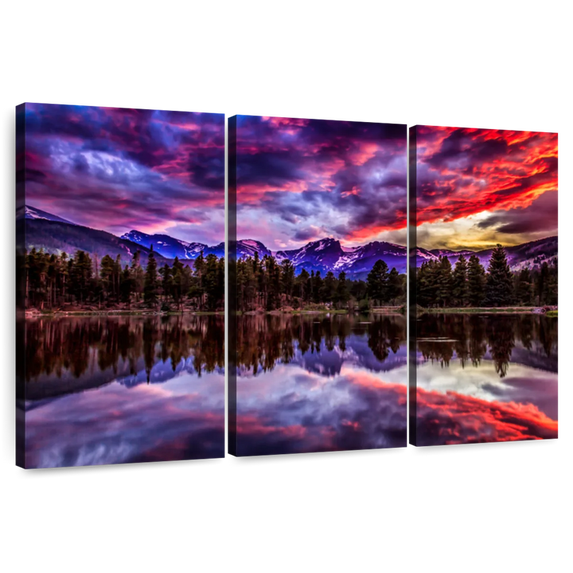 Elephant Stock Rocky Mountain Reflection Wall Art - Horizontal Multi Panel Canvas - 3 Pieceliving Room Wall Decor - Photography Nature Multi Panel - Blue And Red Decor - 65" x 42"