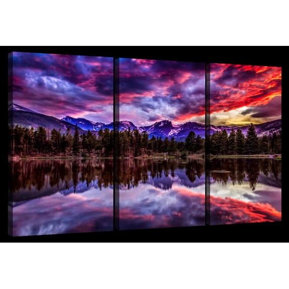 Elephant Stock Rocky Mountain Reflection Wall Art - Horizontal Multi Panel Canvas - 3 Pieceliving Room Wall Decor - Photography Nature Multi Panel - Blue And Red Decor - 65" x 42"