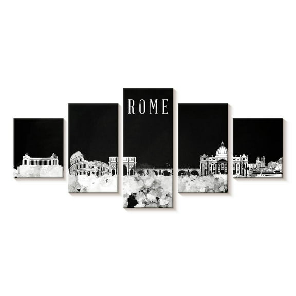 Elephant Stock Rome Skyline Bw Wall Art - Horizontal Multi Panel Canvas - Living Room Wall Decor - City Multi Panel - Black And White Decor - 29" x 12"