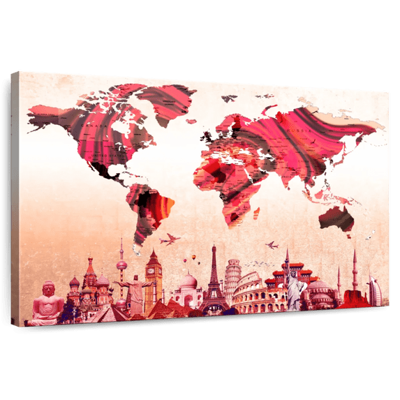 Elephant Stock Rose Gold World Map Wall Art - Horizontal Canvas Wall Art - Living Room Wall Decor - Map Canvas - Orange And Red Decor - 36" x 24"
