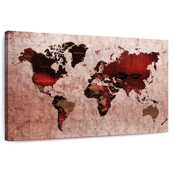Elephant Stock Ruby World Map Wall Art - Horizontal Canvas Wall Art - Living Room Wall Decor - Map Canvas - Black And Red Decor - 12" x 8"