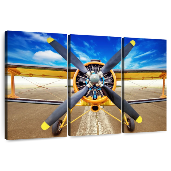 Elephant Stock Runway Biplane Wall Art - Horizontal Multi Panel Canvas - Living Room Wall Decor - Transportation Multi Panel - Yellow And Gray Decor - 45" x 28"