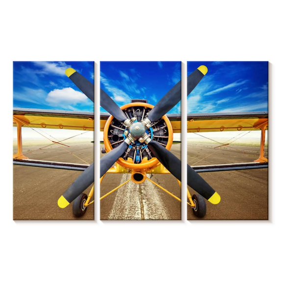 Elephant Stock Runway Biplane Wall Art - Horizontal Multi Panel Canvas - Living Room Wall Decor - Transportation Multi Panel - Yellow And Gray Decor - 45" x 28"