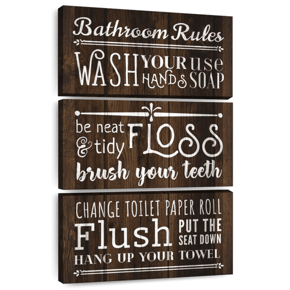 Elephant Stock Rustic Bathroom Rules Wall Art - Vertical Multi Panel Canvas - Bathroom Wall Decor - Inspirational And Typography Multi Panel - Brown And White Decor - 48" x 74"