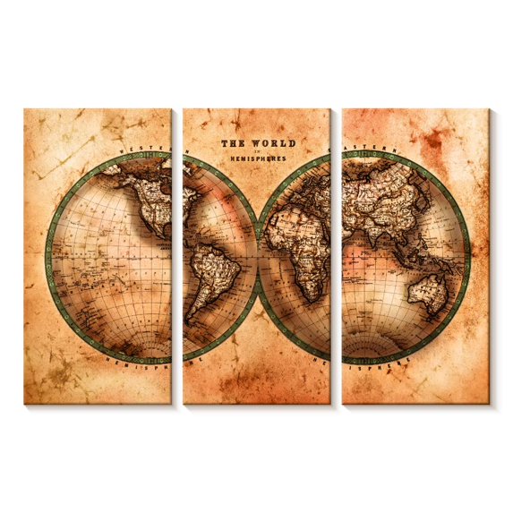 Elephant Stock Rustic Hemispheres Map Wall Art - Horizontal Multi Panel Canvas - Living Room Wall Decor - Map Multi Panel - Orange And Brown Decor - 23" x 14"