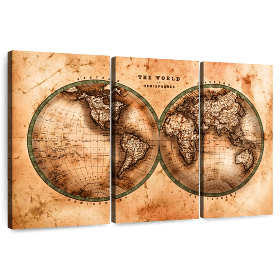 Elephant Stock Rustic Hemispheres Map Wall Art - Horizontal Multi Panel Canvas - Living Room Wall Decor - Map Multi Panel - Orange And Brown Decor - 33" x 20"